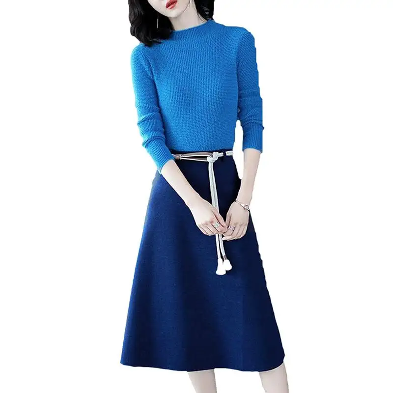 

2019 Spring Autumn Women Casual 2 Piece Set Female Long Sleeve Solid Knit Sweater Tops With High Waist Sashes Skirt Sets J170