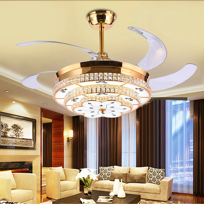 

Modern LED Luxury 52 inch Invisible Retractable Crystal Ceiling Fans With Lights Bedroom Folding Ceiling Fan Lamp Remote Control