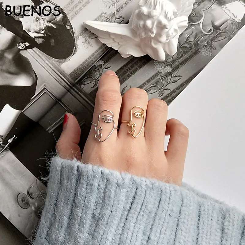 

BUENOS 2PCS New Hip Hop Abstract Face Ring Set Hollow Minimalist Matching Half Face Rings for Women Anillos Mujer Couple Ring