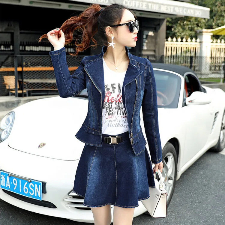 

Women zipper short jacket and short full skirt denim sets