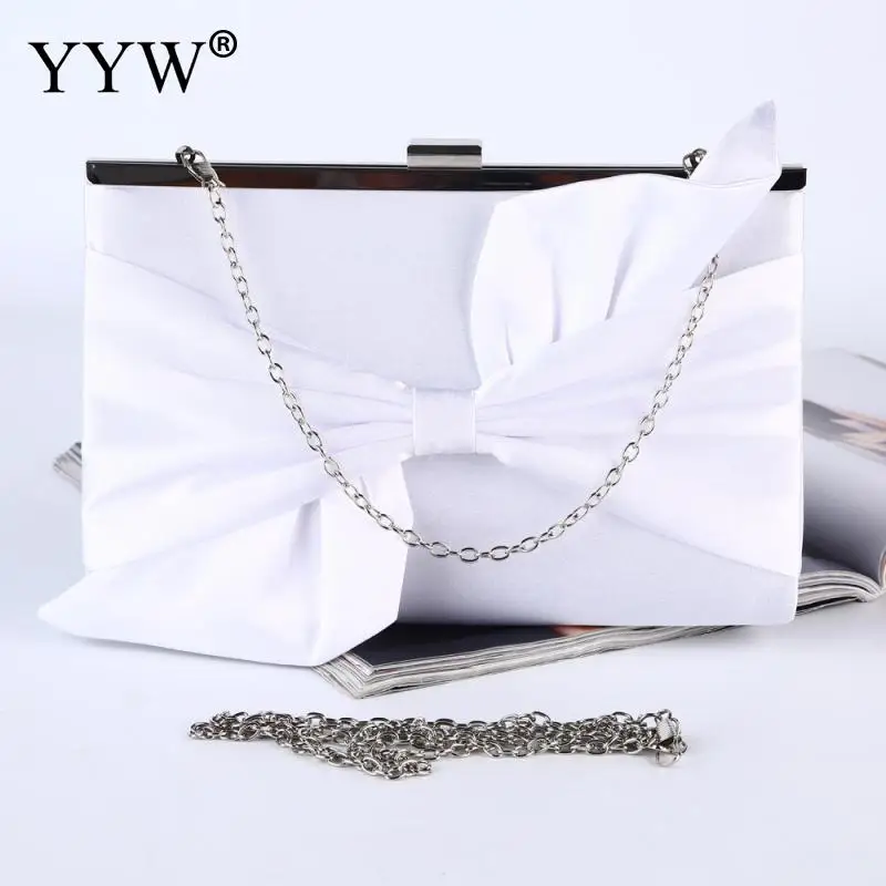 

White Silk Box Bag Women Evening Party Clutch Bag 2019 Elegant Ladies Bowknot Pattern Phone Purse 2 Silver Chain Dropship Bag
