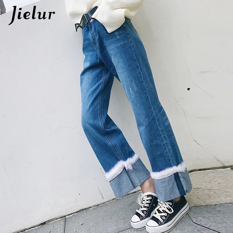 

Jielur Harajuku Kawaii Fur Cuffs Wide Leg Jeans Korean Style New Sweet Mom Jeans High Waist Pockets Blue S-XXL Harem Pants Denim