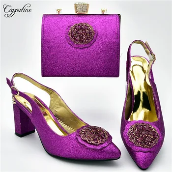 

New fahsion purple high heel pointed toe sandals with handbag set nice shoes and purse bag for lady 108-5 heel height 7cm