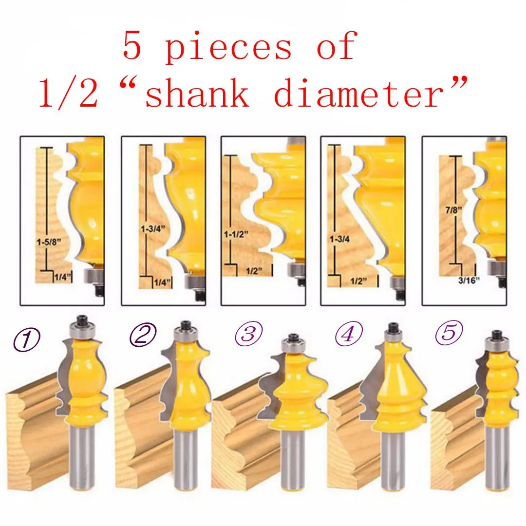 

1Set 5 Bit 1/2" Shank Carbide Tipped Architectural Molding Woodworking Router Bit Set For Variety Of Furniture Building Projects