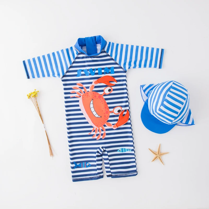 Boys One piece Swimsuit Blue Striped Crab Children's Bathing Suit Long