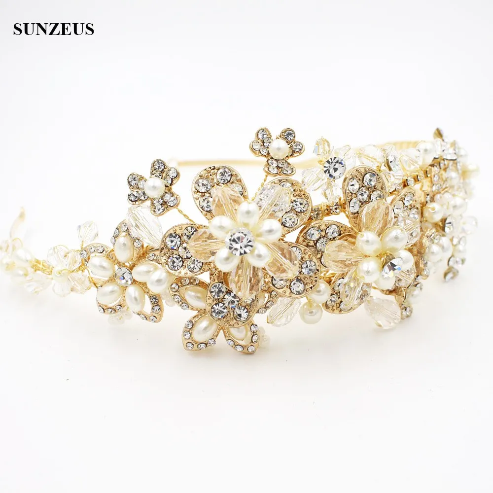 Роскошная Свадебная повязка ручной работы с жемчугом и кристаллами, головные уборы высокого качества, корона для невест, золотые свадебные аксессуары SQ0184 - Цвет: Золотой