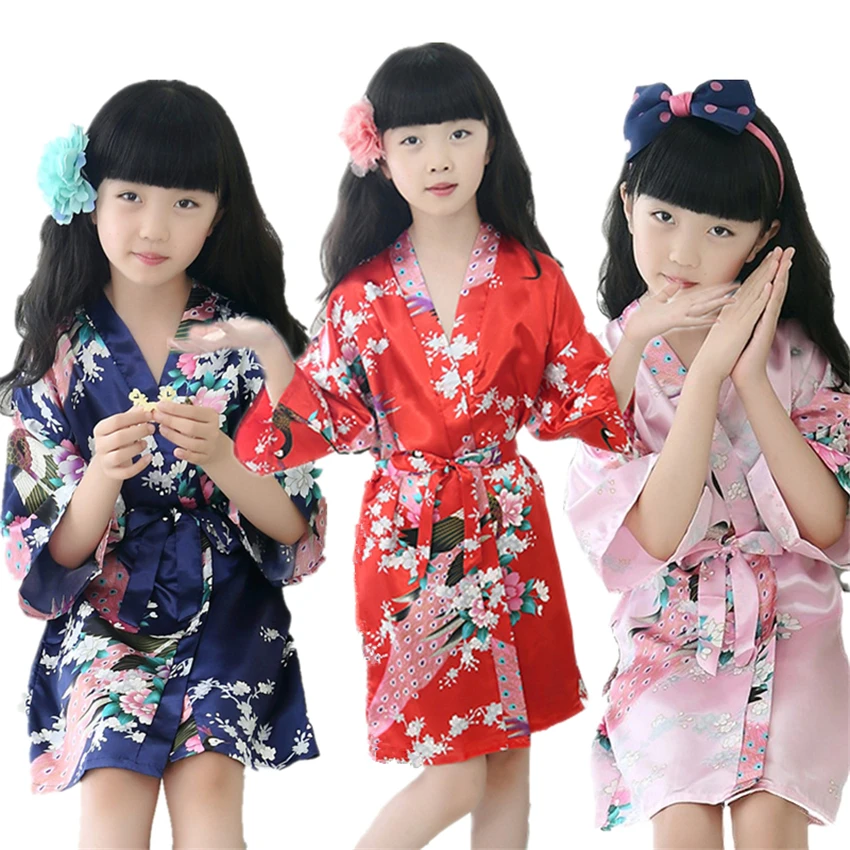 

9Color Traditional Japanese Kimono Clothing for Girls Wedding Bridesmaid Peacock Yukata Pajamas Kids Silk Asian Sleepwear