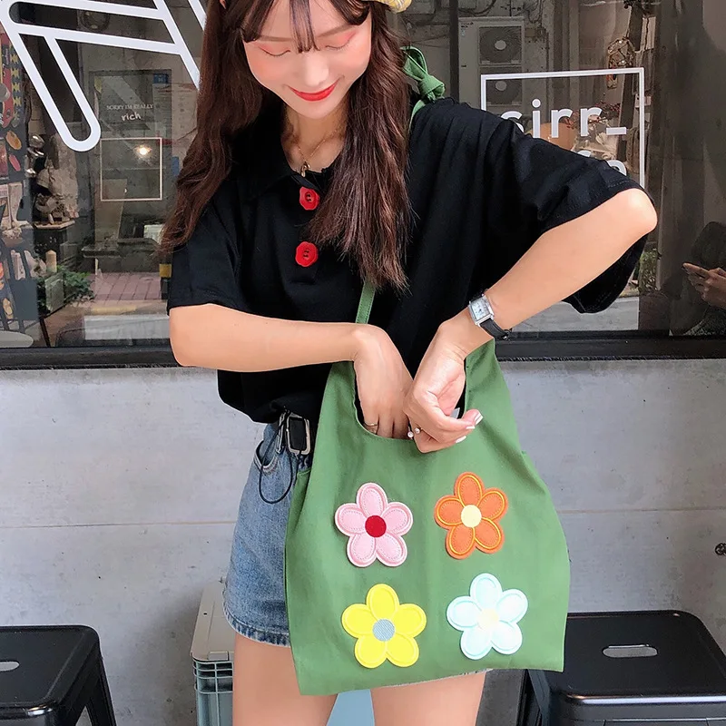 

Women Strap Bow Canvas Tote Ladies Casual Shoulder Bag Shopping Shopper Hand Bags for Female Korean Fashion Flower Handbag Bag
