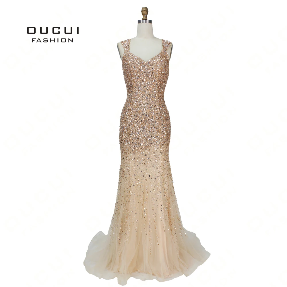 

Champagne Dubai Design Sparkle Long Evening Gowns 2018 Luxury Diamond Sequined Tulle Mermaid Dress Elegant For Women OL103387