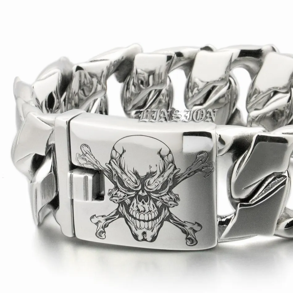 

LINSION Huge Heavy 316L Stainless Steel Deep Laser Engraved Pirate Skull Bracelet Mens Boys Biker Punk Curb Link Chain 5F102