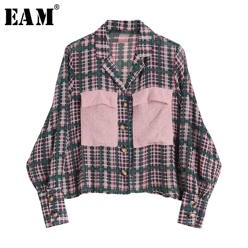 

[EAM] 2019 New Autumn Winter Lapel Long Sleeve Pattern Plaid Printed Loose Chiffon Shirt Women Blouse Fashion Tide JU384