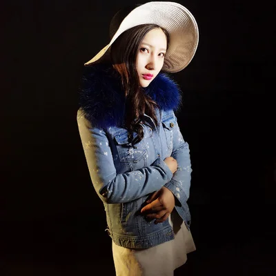 Корейский натуральный большой воротник из меха енота женская зимняя куртка джинсовая настоящая опушка из лисьего меха Джинсы Верхняя одежда парки - Цвет: navy blue