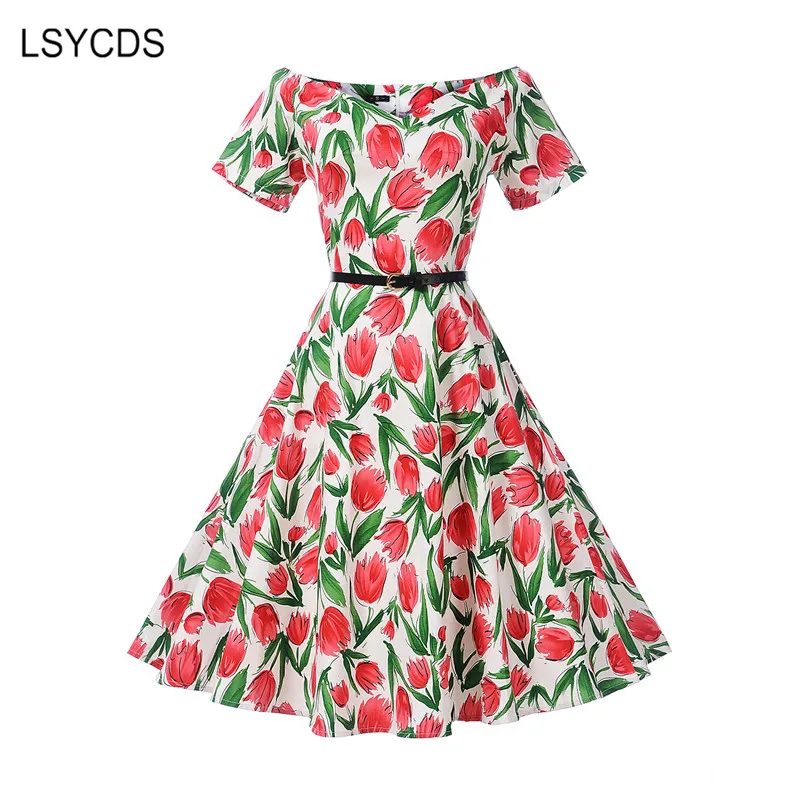 LSYCDS Women Cotton Rockabilly Floral Print Dress Elegant Office Work