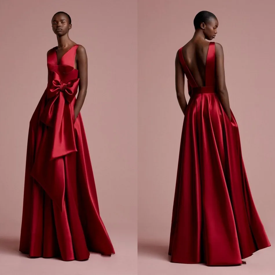 

Aso Ebi Rose Red Long Formal Party Dresses Big Bow One Backless Sexy Simple Long Gowns Nigerian Deep V-neck Vestido Formatura