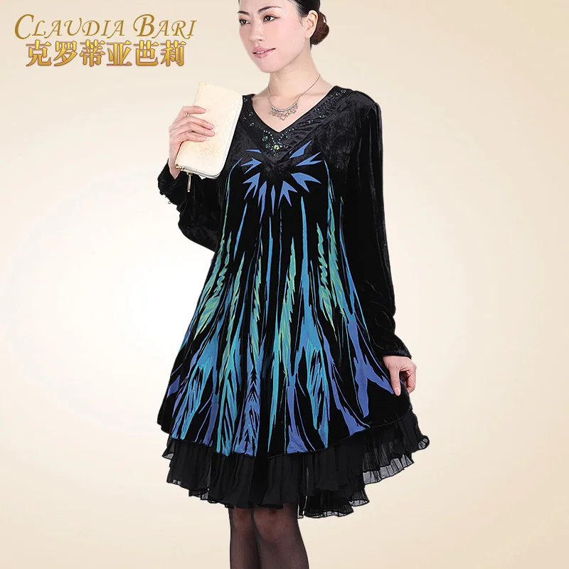 2013 spring plus size clothing velvet one piece dress V neck ruffle