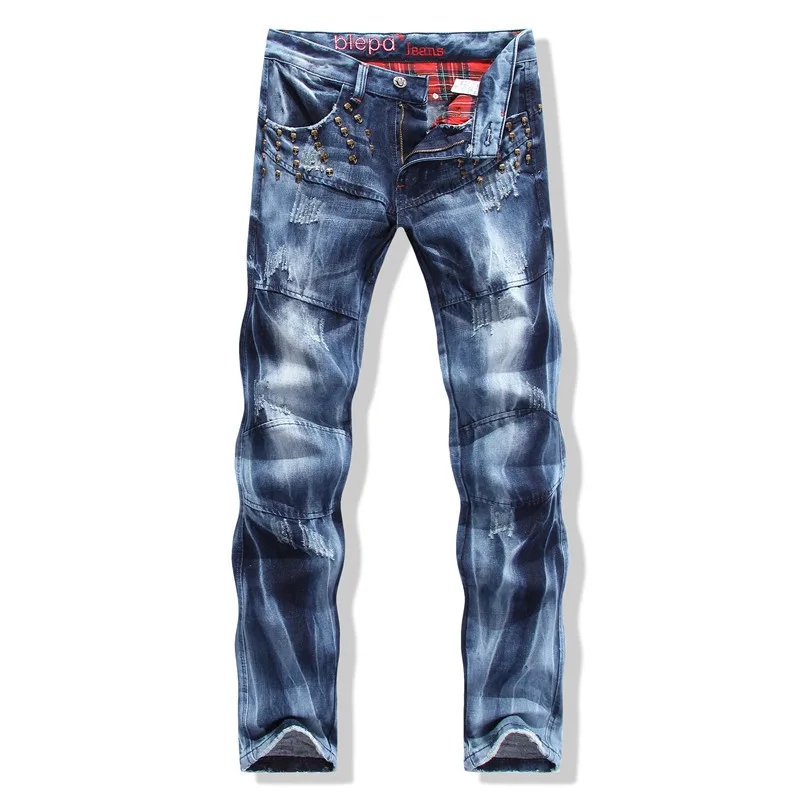 2015 fashion men jeans patchwork skull rivet slim fit