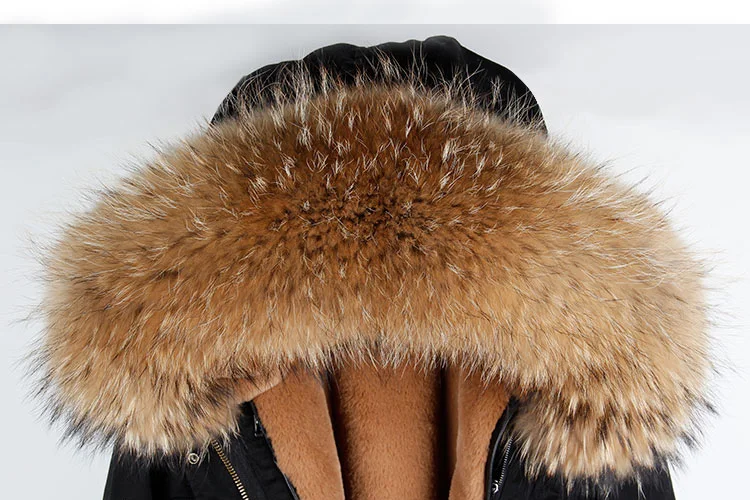 MAOMAOKONG длинная куртка пальто парки Женское пальто плюс размер зимние парки из натурального енота черная меховая подкладка куртка