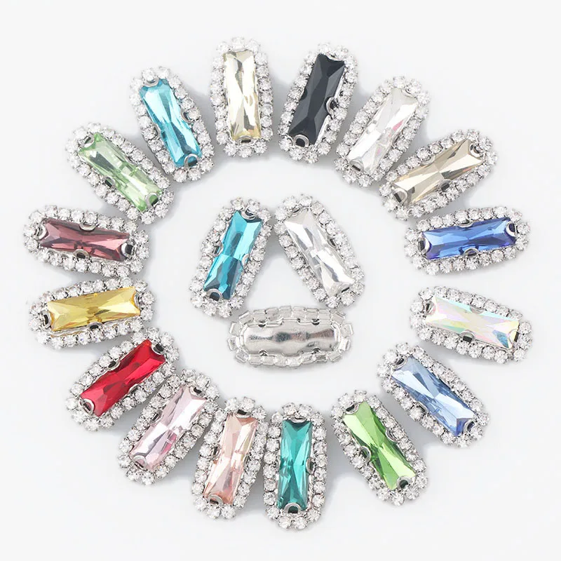 

Rectangle Baguette White K Base Sew On With Colorful Glass Stone Claw Crystal Buckle Cabochon Base DIY Jewelry Clothes Charm