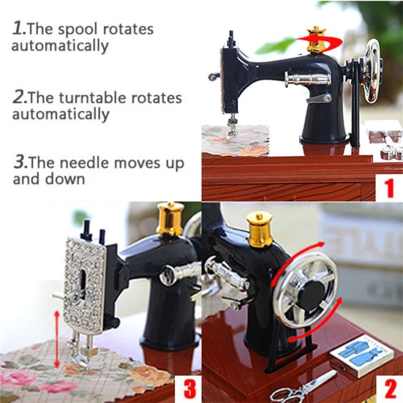  Vintage Music Box Mini Sewing Machine Style Mechanical Birthday Gift Table Decor 2018 fashion Hot sale good quality C0224      11