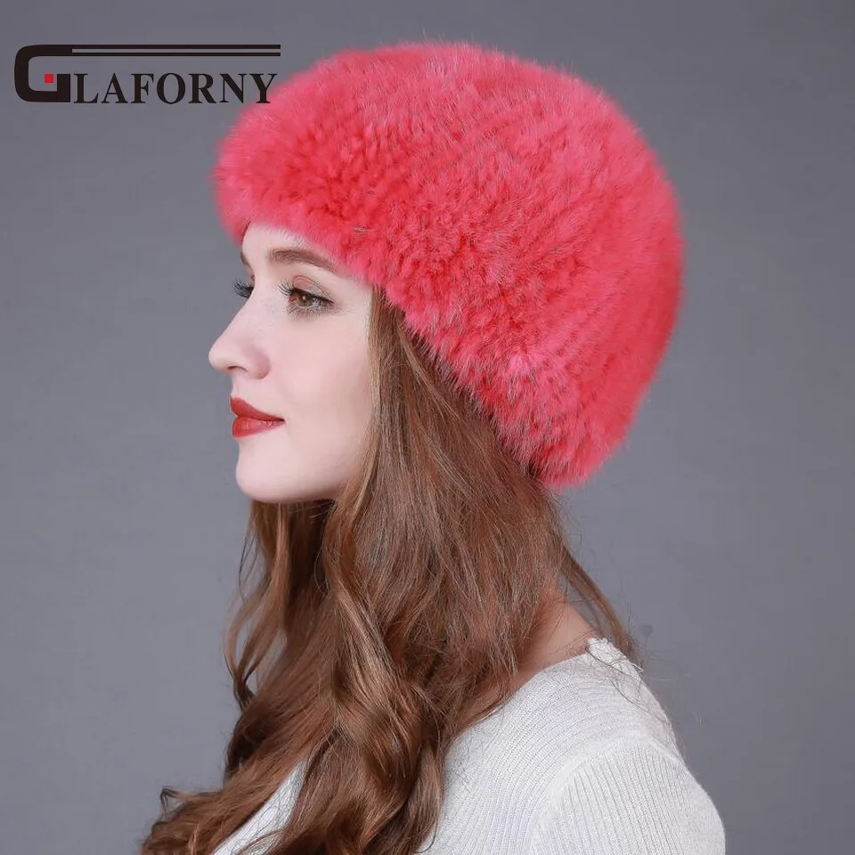 Glaforny 2017 النساء الشتاء الفراء القبعات ريال فرو منك قبعة محبوك القبعات روسيا جديد وصول الأزياء نوعية جيدة الإناث عارضة قبعات