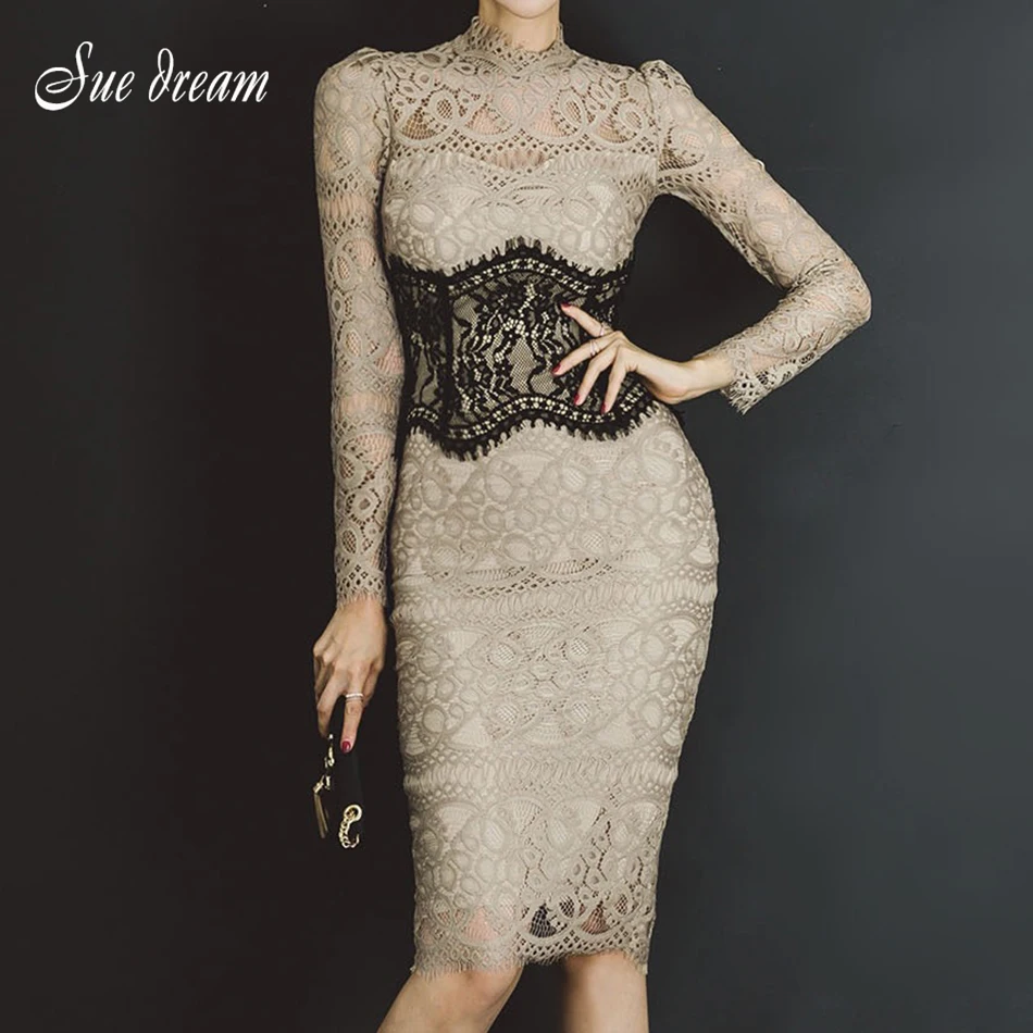 

Dress Lady Party Night White Lace Cutout Long Sleeve Sexy Split Pencil Patchwork and Knee Length O-neck Spring Skinny Dress