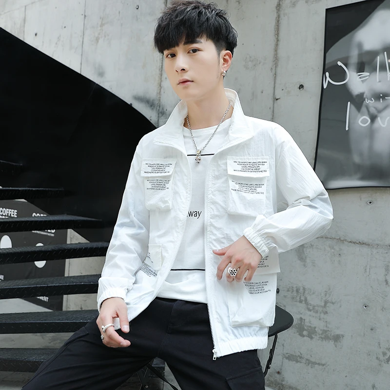 

Youth Men Thin Jacket Summer Loose Breathable Men White Coat Alphabet Letters Decoration Men Sun Protection Clothing