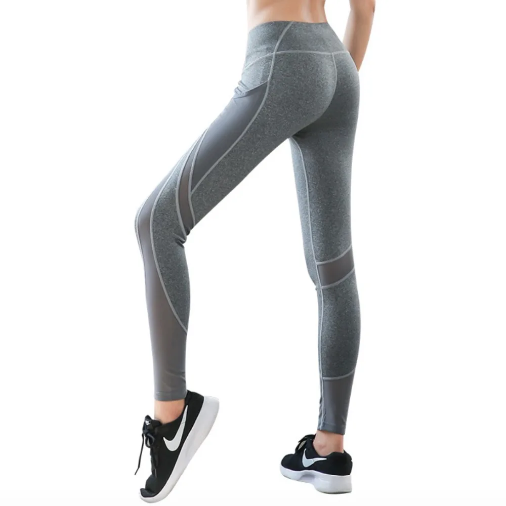 Women High Waist Mesh Yoga Leggings Pants with Pocket Black Grey Sports Running 