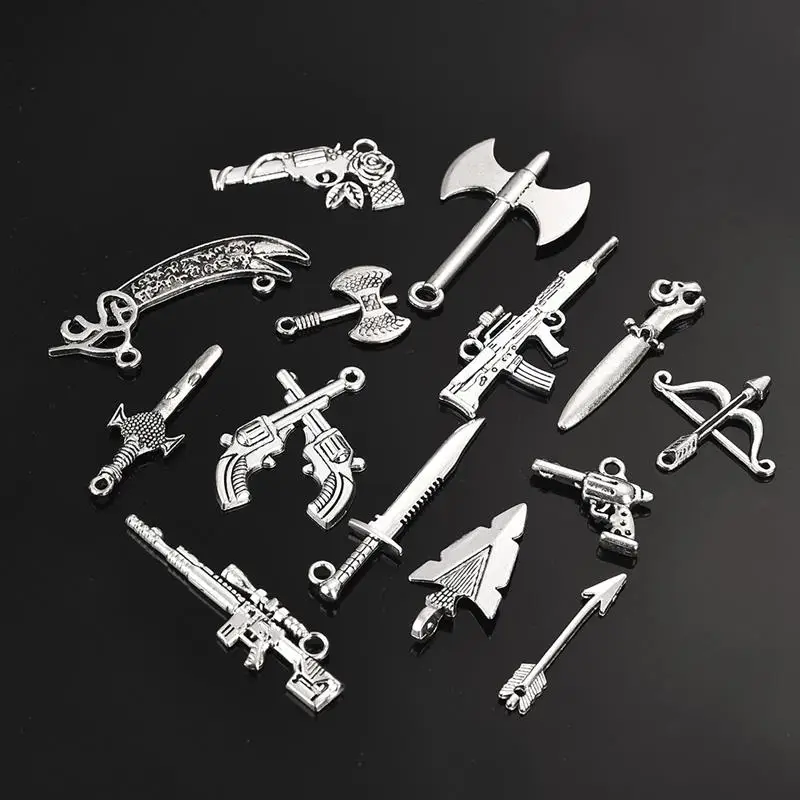 

14pcs Punk Antique Bow And Arrow Sword Gun Silver Pendants DIY Charms Accessories Bracelet Necklace For Jewelry Making Findings