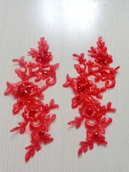 

Handmade sew on crystal trim patches red lace applique with bead sequins rhinestones 23*8cm for top dress skirt