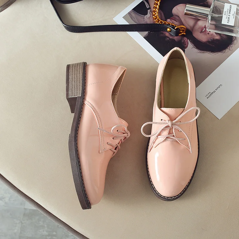 Oxfords Shoes Woman Casual Loafers Lace-Up Flats Fashion Brogue Shoes Patent PU Leather Women Shoes Plus Size Pink Beige Black (4)