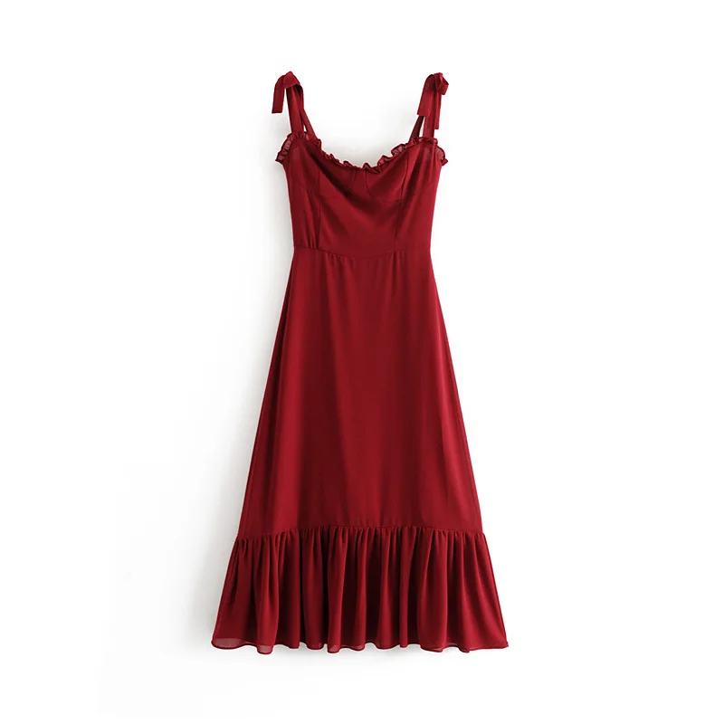 Женское платье с оборками, длинный широкий шарф, шифоновое Элегантное платье без рукавов, женские летние красные платья, женское плиссированное платье трапециевидной формы - Цвет: Красный