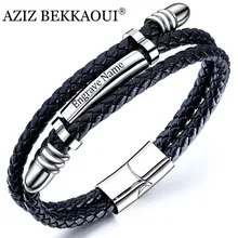 Азиз BEKKAOUI выгравированное имя стальной трубы кожаный браслет черный панк Многослойные персонализированные браслеты из нержавеющей стали для мужчин