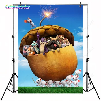 

Cartoon Movie Photography Background Purple Squirrels with His Jungle Friends in the Big Nut Blue Sky with Green Grass Backdrops
