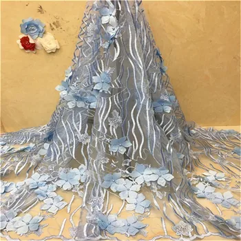 

Hot Sky blue pani Africa fine lace fabric high quality French pink applique 3D beaded tulle lace fabric dubai royal apparel