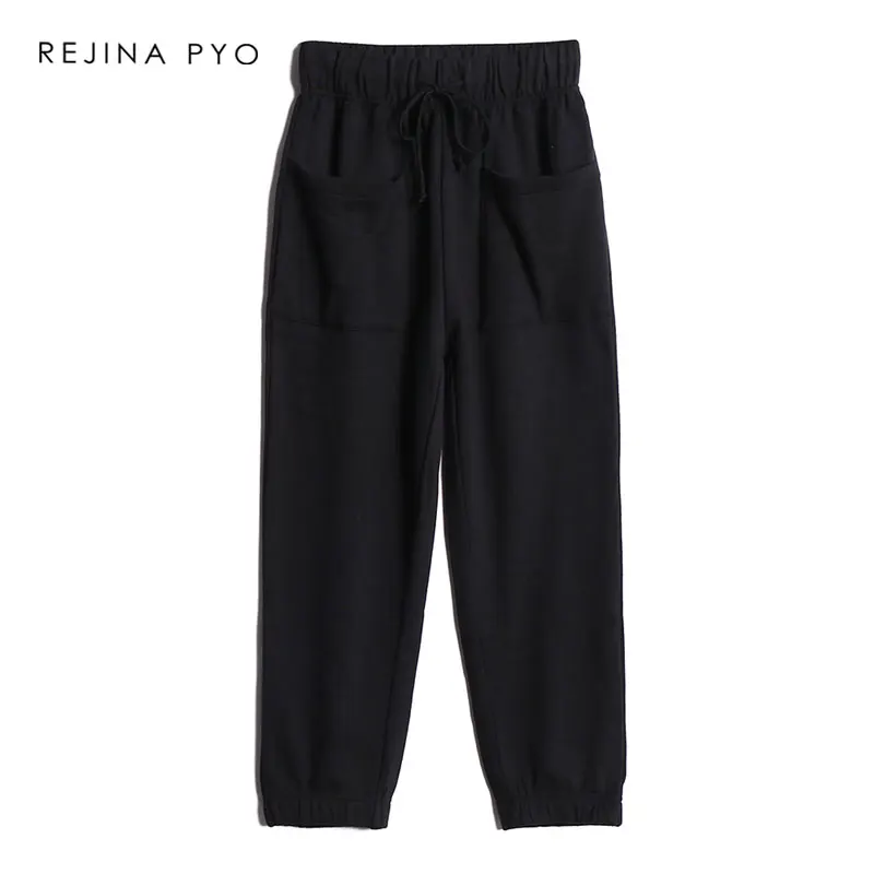 

REJINAPYO Women Black Solid Loose Elastic Waist with Drawstring Ankle-Length Pant Female Casual Autumn All-match Trouser