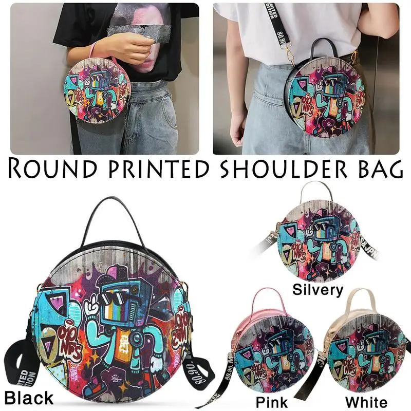 All-match Crossbody Shoulder Bag Wide Shoulder Strap Printed Small Round Graffiti Bag Fashion Women Leather Messenger Totes Bags All-match Crossbody Shoulder Bag Wide Shoulder Strap Printed Small Round Graffiti Bag Fashion Women Leather Messenger Totes Bags