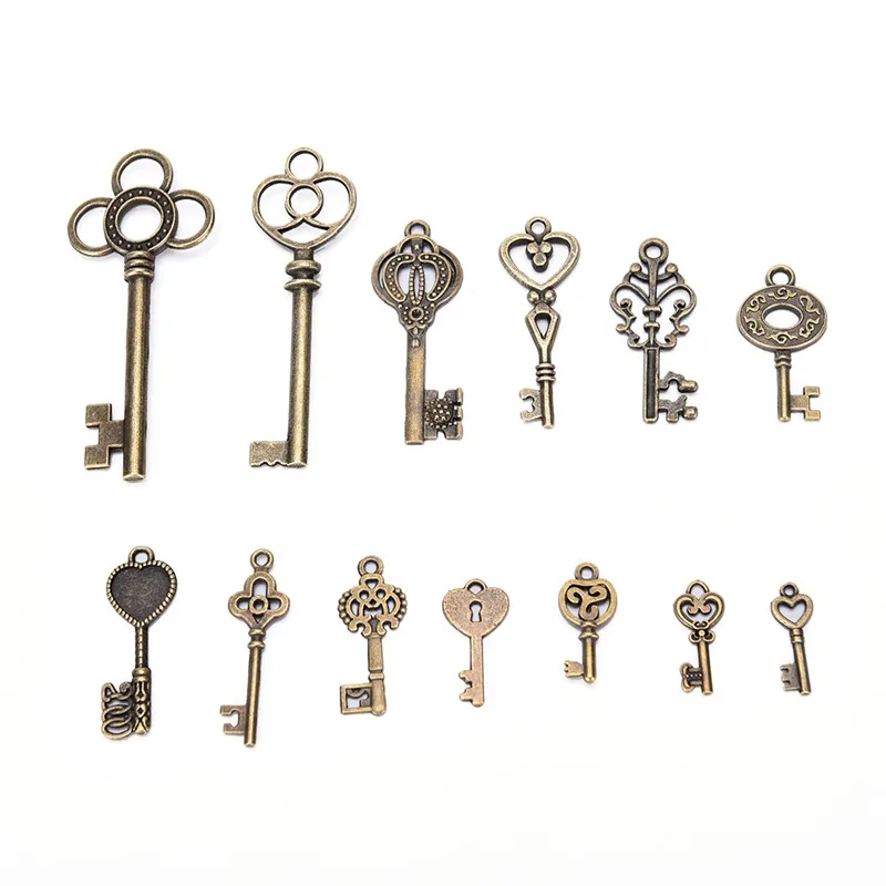 13 PCS Keys Fancy Heart Bow Pendant Assorted Antique Vintage Old Look Bronze Pendants Vintage Key Collectibles Skeleton