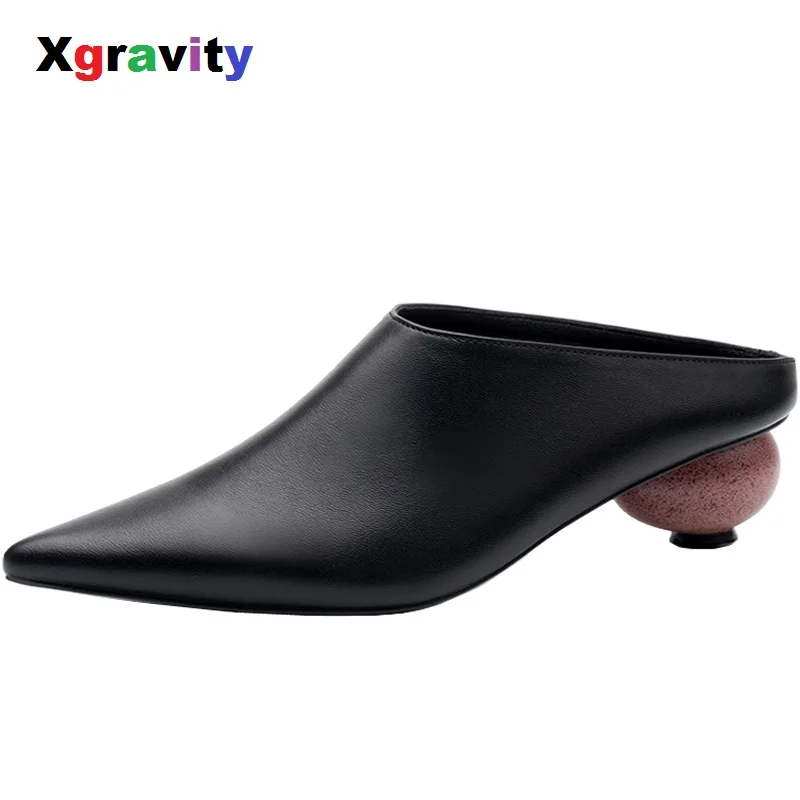 

Xgravity Summer Shoe Genuine Leather Strange Heel Mid Heel Point Toe Shoes Elegant Comfortable Ladies Slippers Female Shoes B030