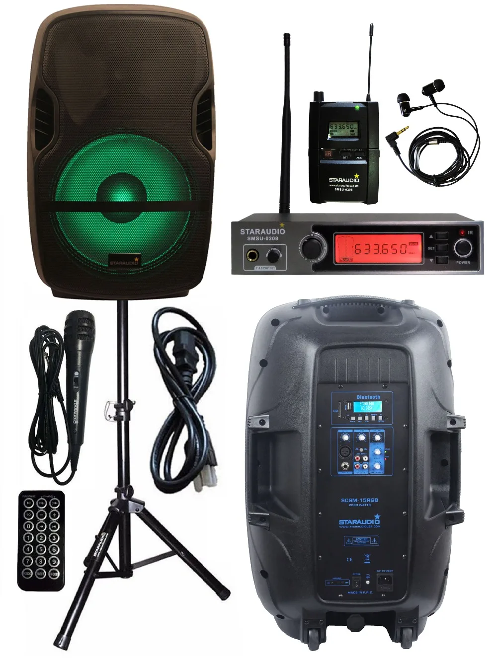 

STARAUDIO 15'' 2000W Powered PA DJ Party Active Speaker Light Speaker Stand 1CH UHF Headset Lapel Monitor Microphone SCSM-15RGB