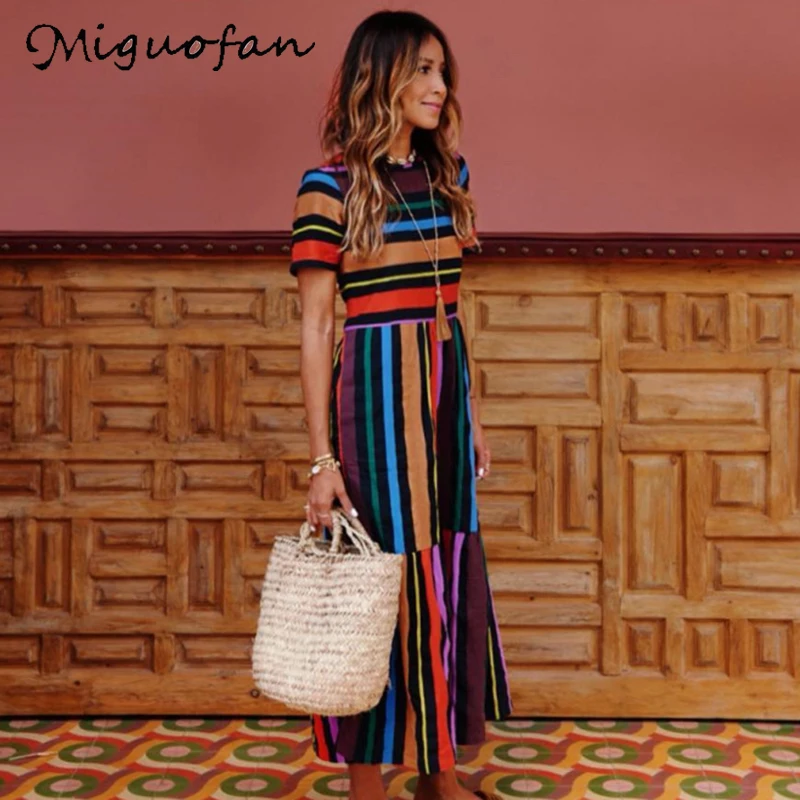 

Miguofan Maxi Dress Women Rainbow Striped Print Casual Short Sleeve Back Elastic O-Neck Long Dress Femme 2019 Spring Summer New
