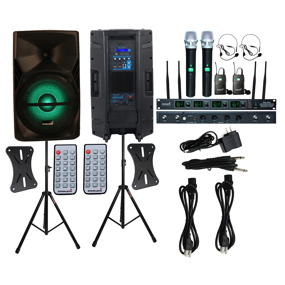 

STARAUDIO 2X 15" PA 3500W Powered Active Stage Audio Speakers DJ Stands 4CH UHF Wireless Handheld Headset Microphone SPS-15RGB