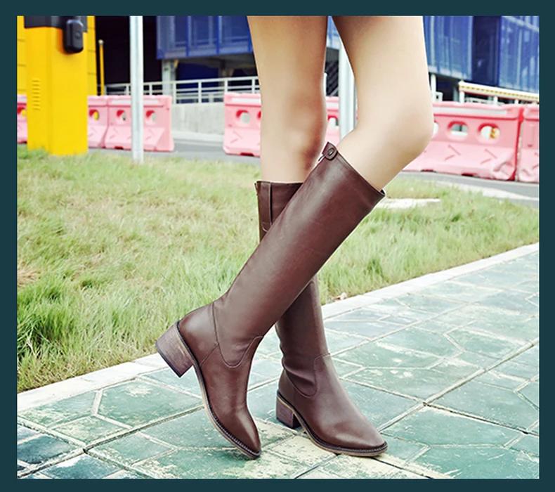 Модные женские сапоги в европейском стиле ретро; сапоги до колена из натуральной кожи; женские высокие сапоги на толстом каблуке с молнией сзади