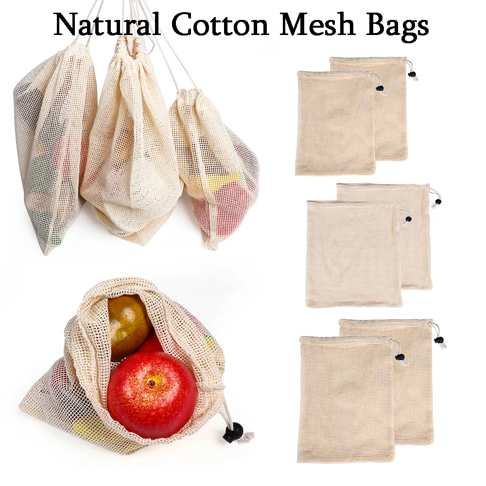 

New Cotton Mesh Grocery Bag Home Kitchen Drawstring Washable Fruit & Vegetable Storage Mesh Pouch Home & Living Accessories