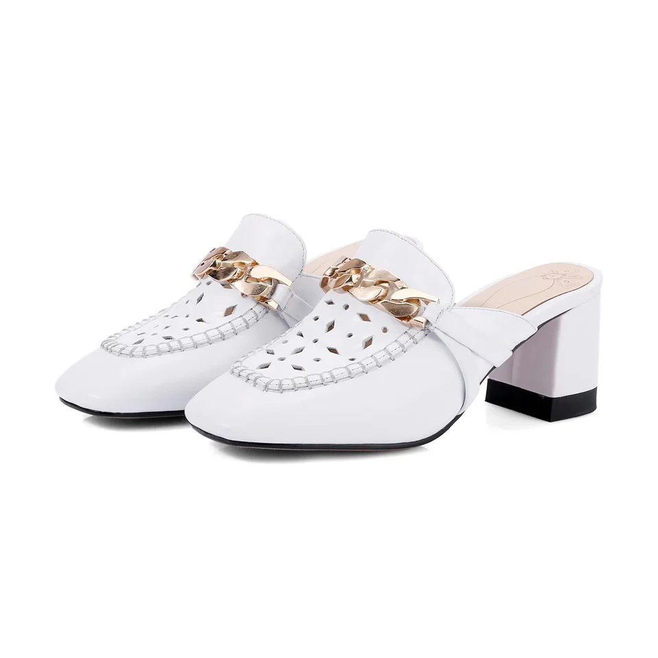 

Summer women's slippers leather fabric fashion hollow design metal chain decoration 6.5CM thick high heel women's shoes