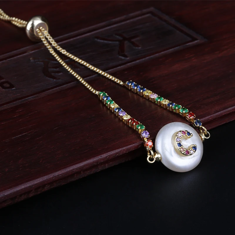 Радуга цвета Cz кубический цирконий начальный C Алфавит имя буквы натуральный пресноводный жемчуг золото радужные браслеты для женщин Девушка