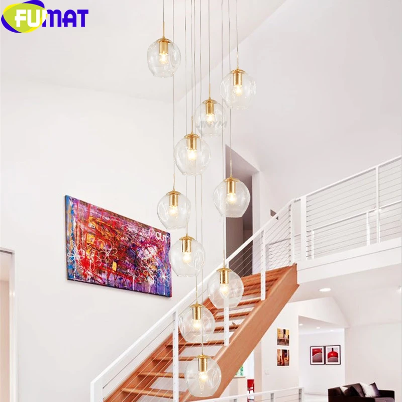 FUMAT MODO Ball Glass Spiral Staircase Villa Ceiling Lamps LED Stair Lamp Light Penthouse Chandeliers Cognac Gray Blue Fixture