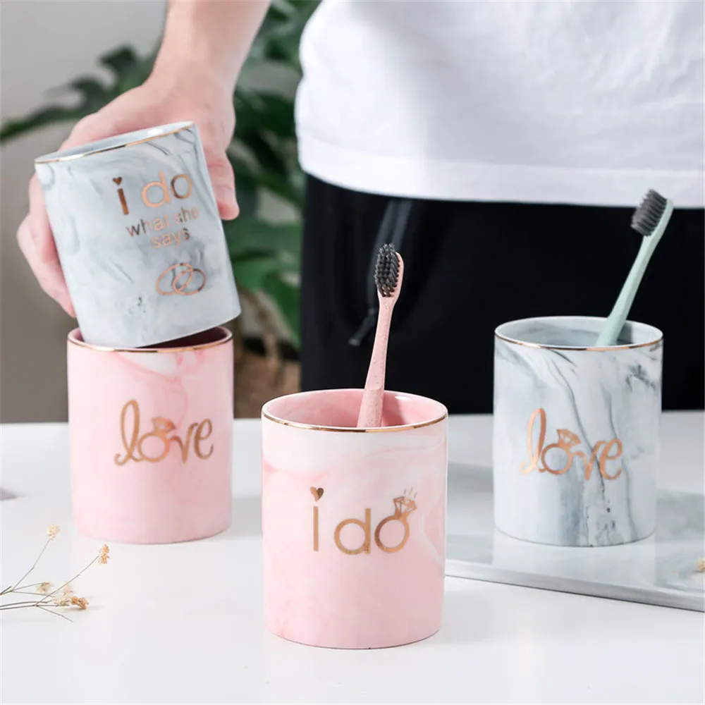 

Grey Marble Ceramic Storage Jar Sweet Couple Toothbrush Cups Scandinavian Cosmetic Tools Organizer Can Pen Holder