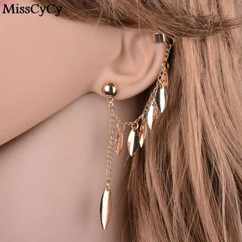 

MissCyCy Gold Color Earrings For Women Bohemia Jewelry 2016 Fashion Alloy Leaves Tassel Ear Cuff Clip Earrings From India