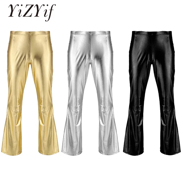 YiZYiF Men Shiny Metallic Disco Pants Bell Bottom Flared Long Pants Dude Costume Trousers Men's Flare Pants Flared Bell Pants 1