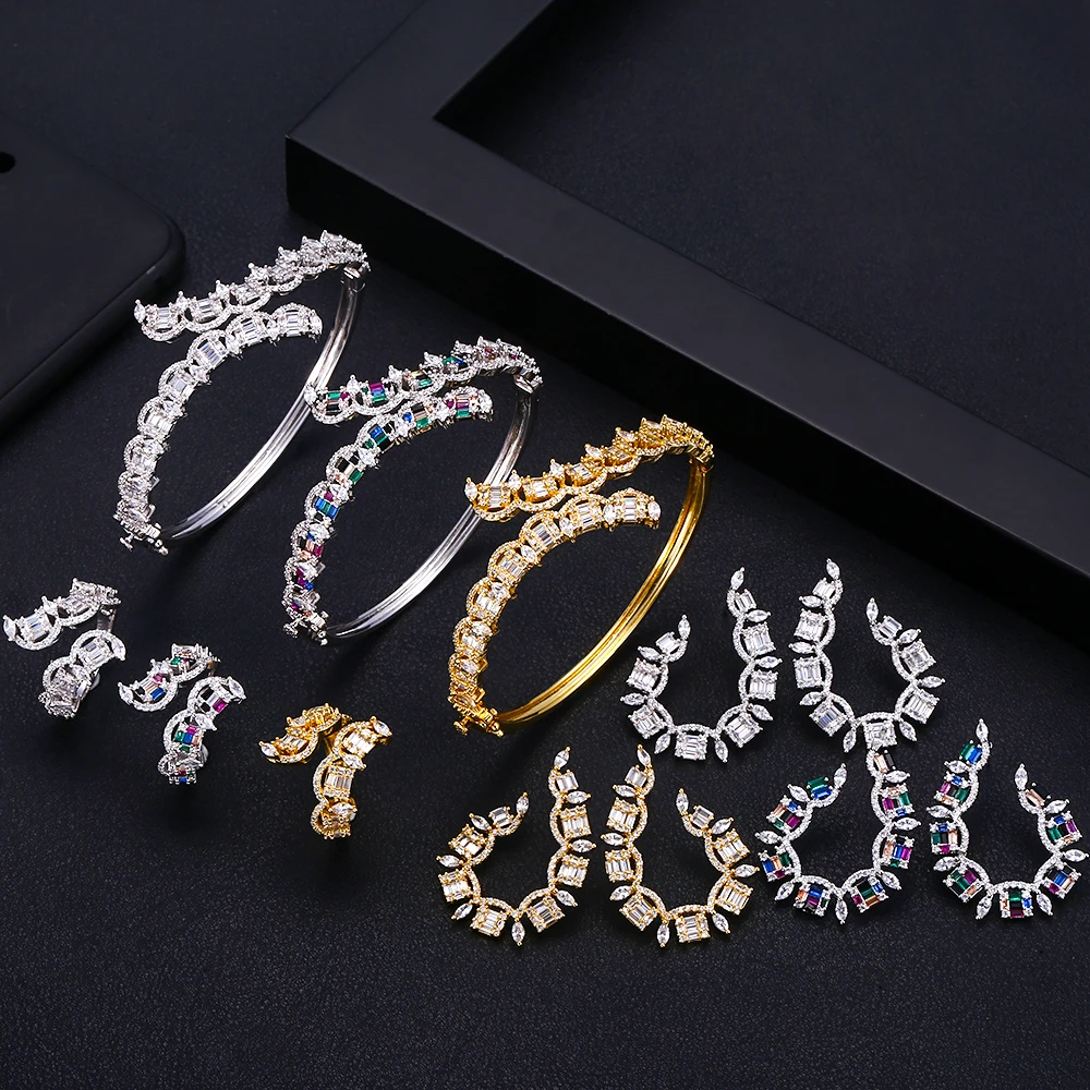 

jankelly Luxury flower Bangle Ring fearring ashion Dubai Silver Bridal Jewelry Sets For Women Wedding brincos para as mulheres